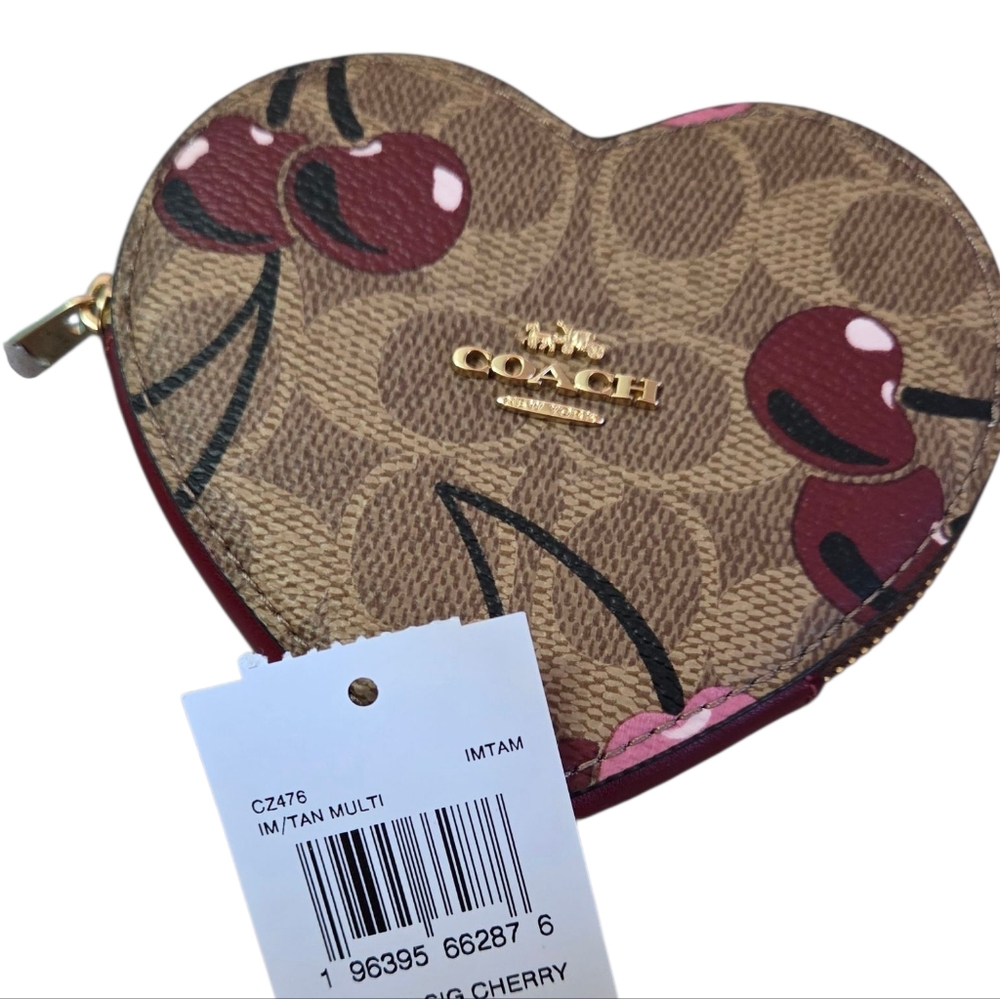 Coach Signature Coated Canvas Heart Coin Purse with Cherry Motif - Picture 2 of 4